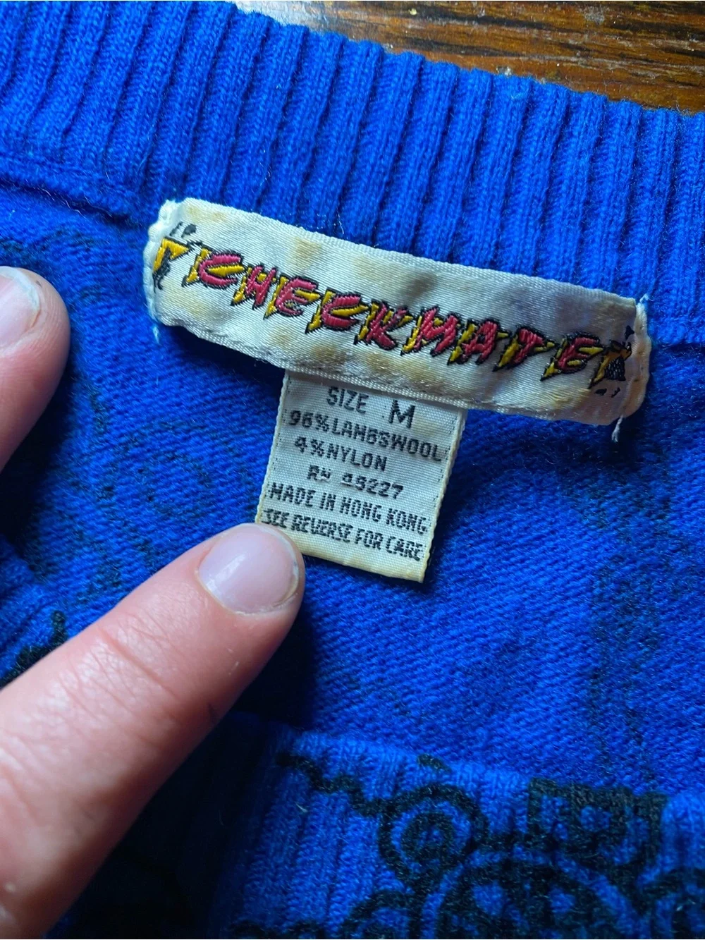 TRUE VINTAGE 1980s/90s Checkmates 95% Wool Blue Funky Patterned Crewneck Sweater